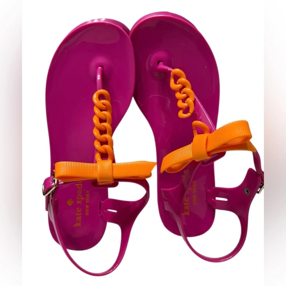 KATE SPADE NEW YORK JELLY SANDALS SIZE 5 PINK ORANGE BOW CHAIN ANKLE STRAP FLATS - Picture 2 of 10